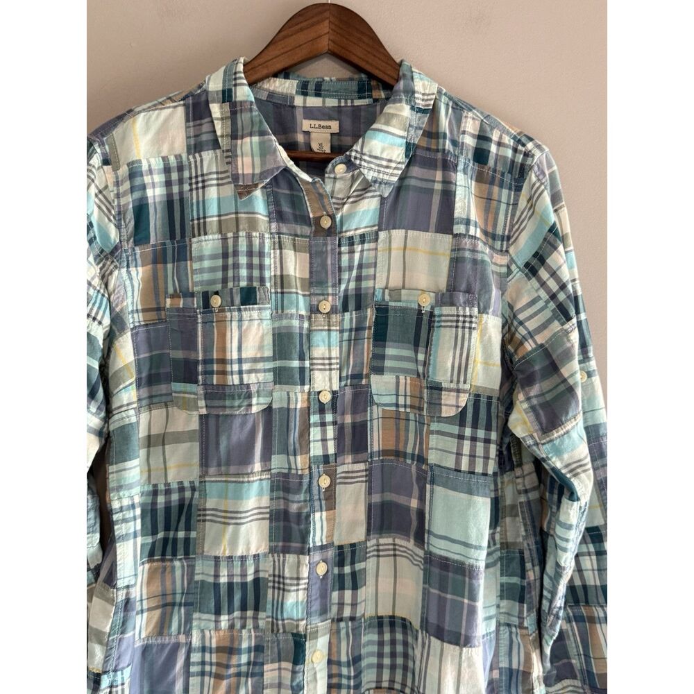 LL Bean Madras Plaid Button Shirt Patchwork Roll Tab Sleeve Country Cottage XL - Picture 8 of 16